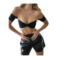 thumbnail image 3 of Qmyliery Women Off-the-shoulder Cropped Tops, Solid Color Knot Front Short Sleeve Bandeau Tops, S/ M/ L, 3 of 7