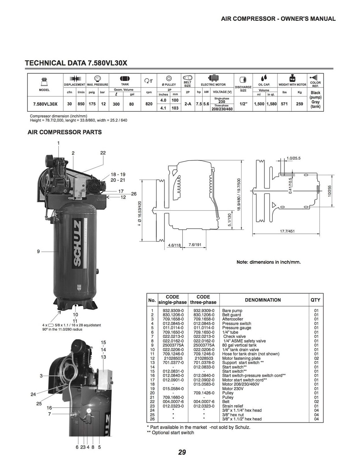 PREMIUM -Schulz L-Series 7.5-HP 80-GALLON -30 CFM -SINGLE PHASE - 230 VOLTS 1 PH Two-Stage Air Compressor 7580vl30X -1