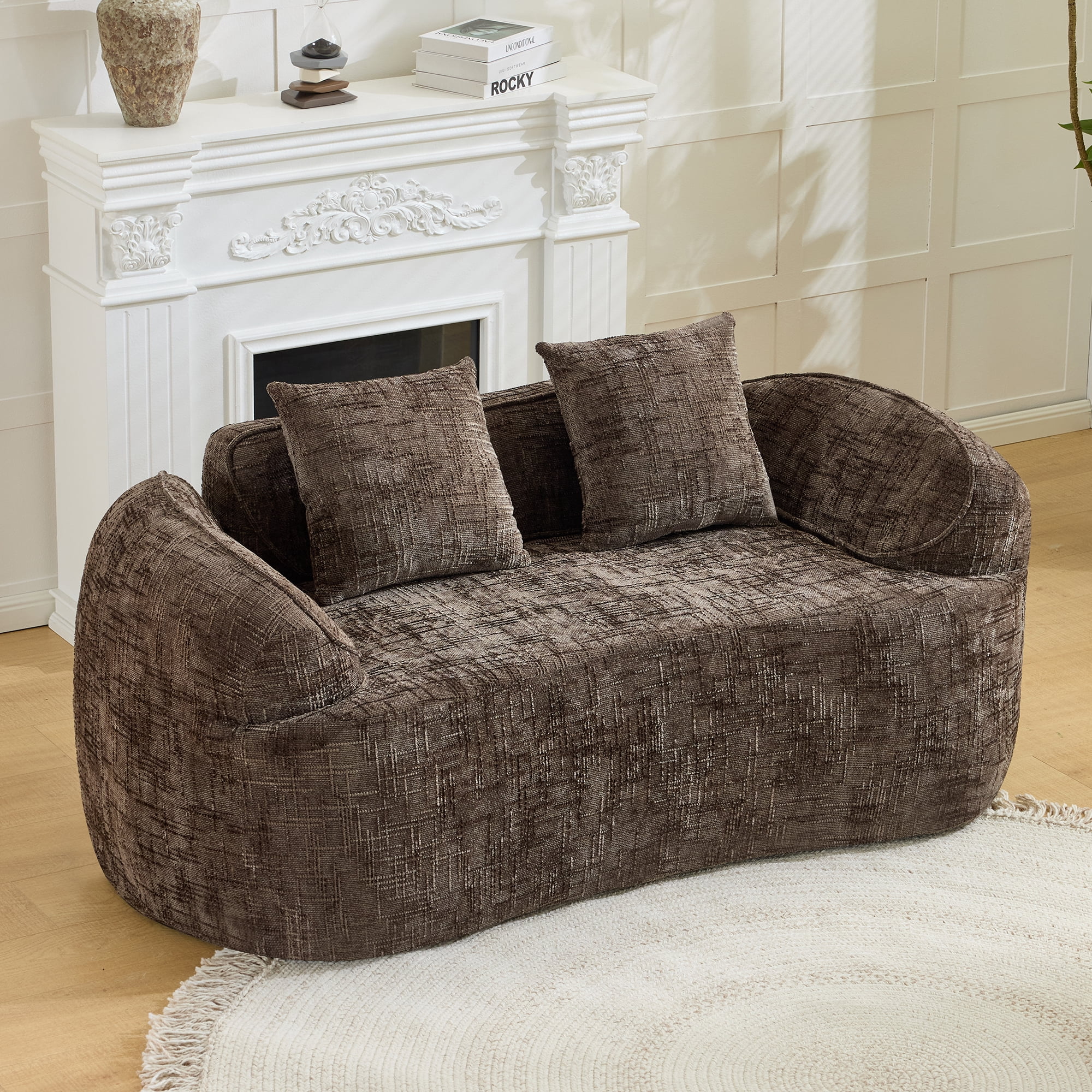 Leumius 66" 2 Seater Sofa Compress Sofa with Armrests & 2 Pillows,No Assembly Required,Compact Sofa Couch for Small Apartments,Living Room,Bedroom,Brown