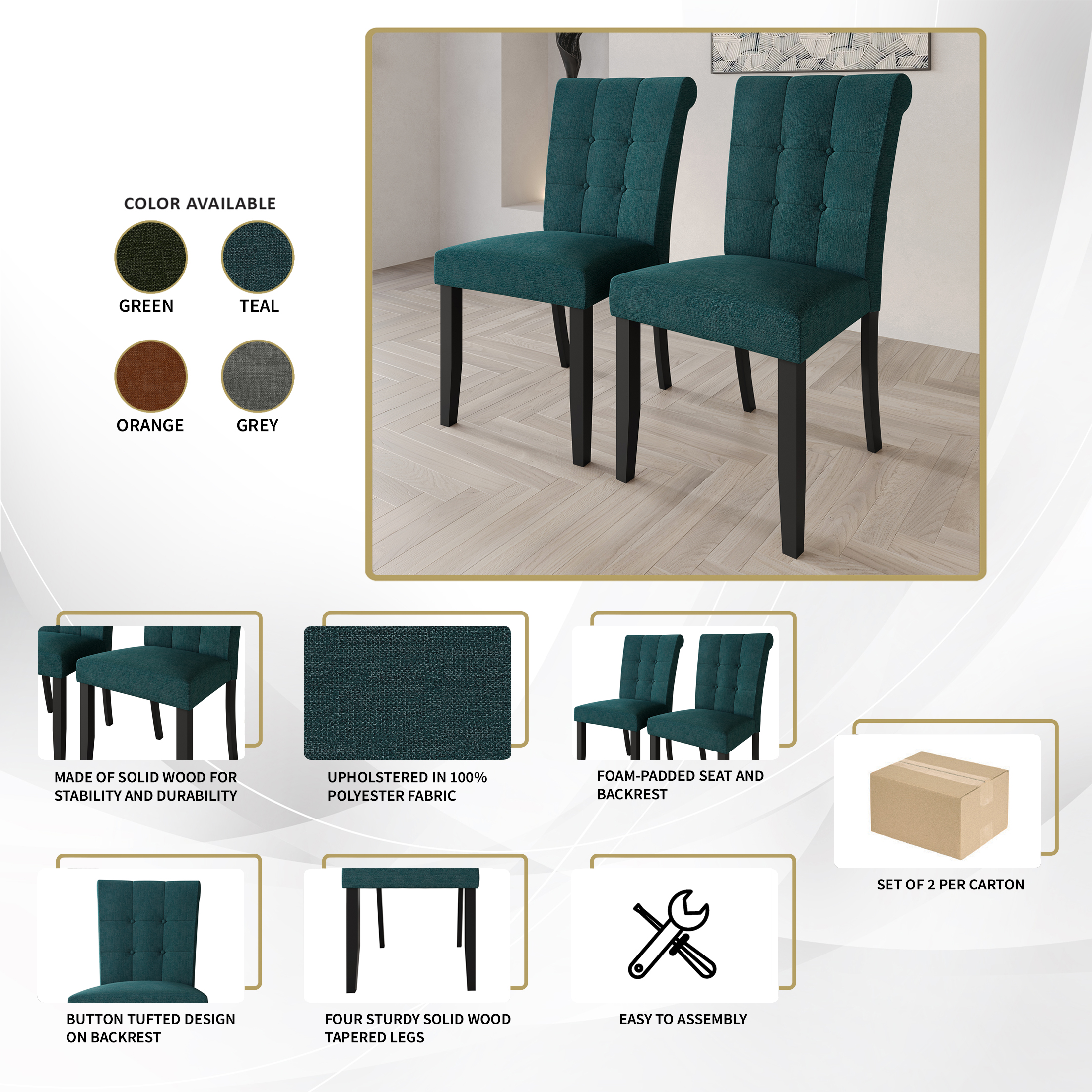 Castle Place Mid-Century Button Tufted Wooden Dining Chairs, Grey, Set of 2