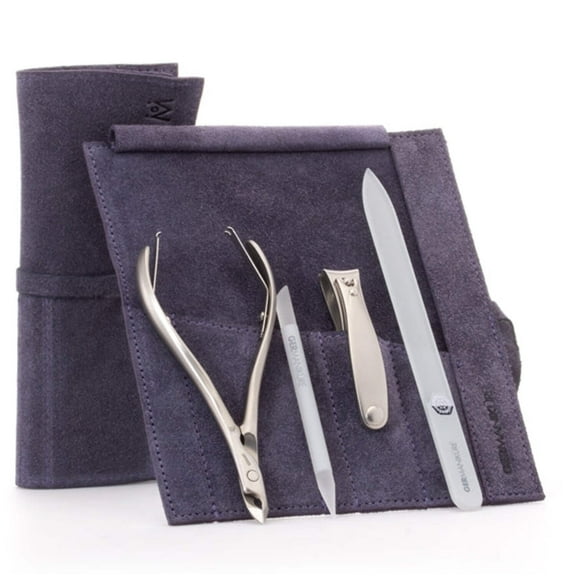GERMANIKURE 4pc Manicure Set in Purple Suede Case - FINOX Stainless Steel Tools Made in Germany, Glass Nail Care Supplies Made in Czech Republic – Professional Cuticle and Nail Care Kit