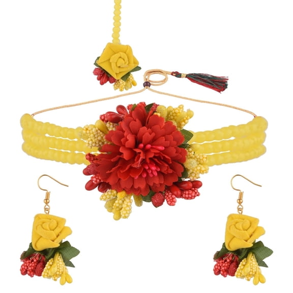 Efulgenz Beaded Faux Pearl Multicolor Flower Jewelry Set Choker Neckalce with Maang Tikka Earrings Floral Handmade Indian Jewelry for Women for Haldi Mehandi Wedding Bridal Shower