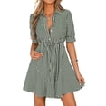 thumbnail image 2 of JoveMarine Cocktail Dresses for Women Striped Short Sleeve - V-Neck Button Up A-Line Shirt Dress for Office and Beach Party,Green M, 2 of 8
