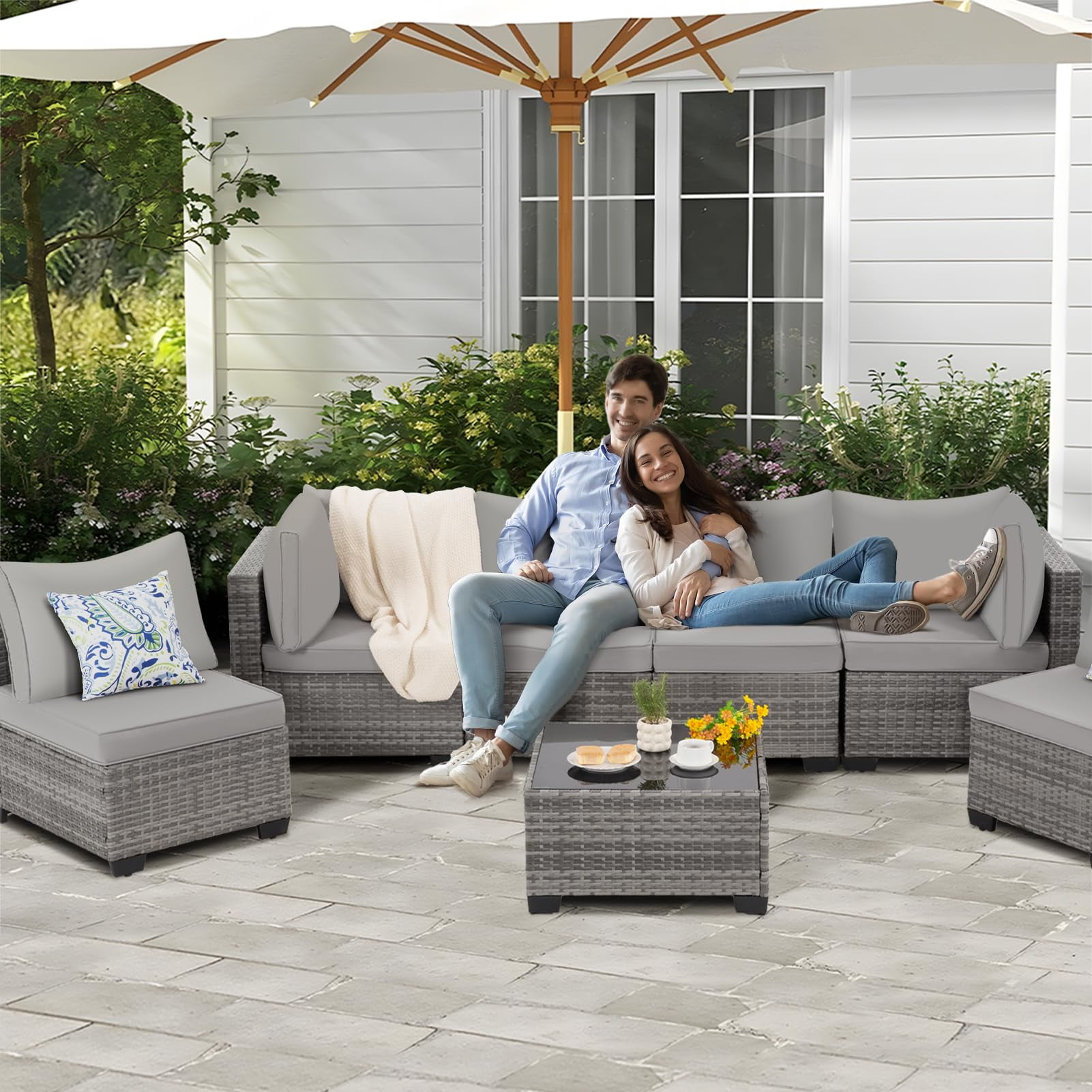 FHFO 7 Pieces Outdoor Patio Furniture Set, Wicker Sectional Sofa Set Rattan Modular Patio Conversation Sets with Cushions Couch Set & Coffee Table for Outside, Garden, Balcony, Porch, Grey/Gray
