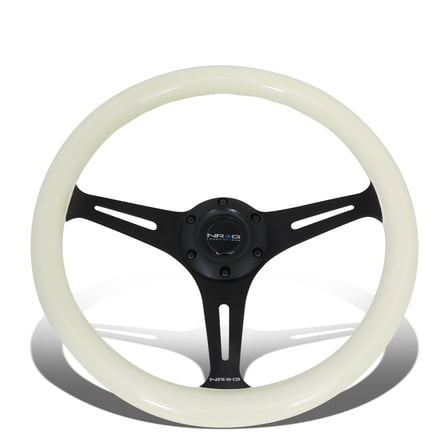 NRG Innovations NRG-ST-015BK-GL 350mm Black 2"Deep Dish Spoke Glow in Dark Wood Grip Steering Wheel White