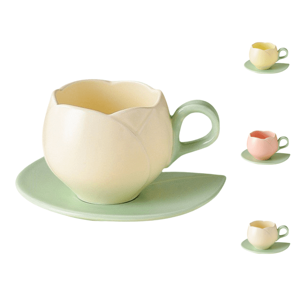 Ceramic Tulip Coffee Mug with Handle, 10oz/300ml Tulip Shape Coffee Cups with Saucer Set, Smooth & Heat-resistant Tea Cup for Coffee Milk in Home Office White