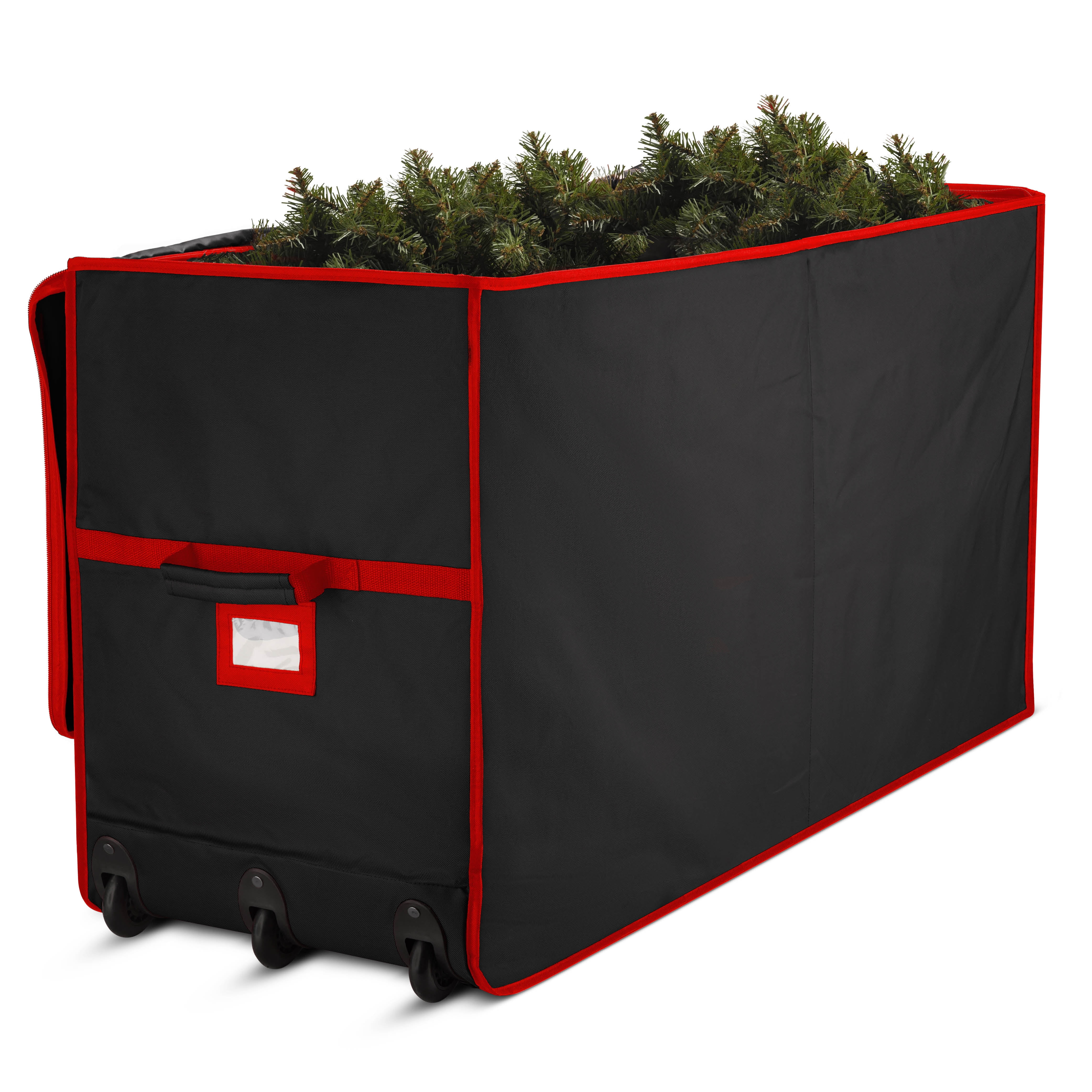 Super Rigid Rolling Christmas Tree Storage Box - Canvas Fabric With Cardboard Inserts - Opens Wide For Easy Input/Access, Artificial Trees Storage Bag, Fits Up To 7.5 Ft. Wheels & Handles For