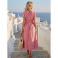 thumbnail image 2 of Womens Red Striped Ruched Waist Short Sleeve Vacation Midi Sundress, 2 of 5