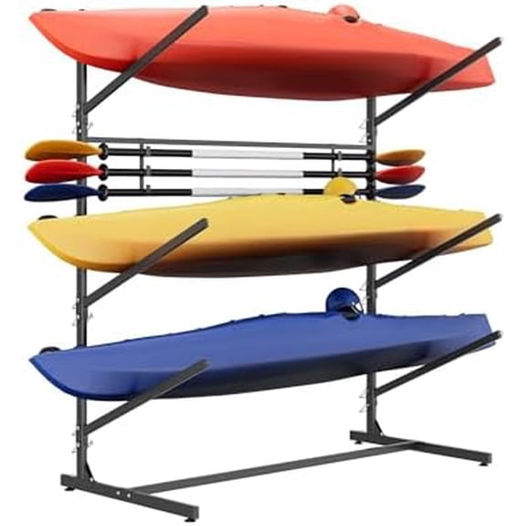 3-Tier Heavy Duty Kayak Storage Rack, Weatherproof Steel Freestanding Storage Rack for Kayaks, Paddle Boards, Canoes, Surfboards, Adjustable Height with Paddle Hooks for Garage/Backyard/Dock