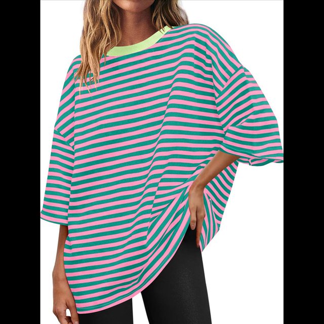 Camisetas de Rayas de Gran Tamaño para Mujer, Blusas Holgadas de Cuello Redondo y Corta, Blusa Informal de Verano Y2K 2025, Camiseta Básica Verde L