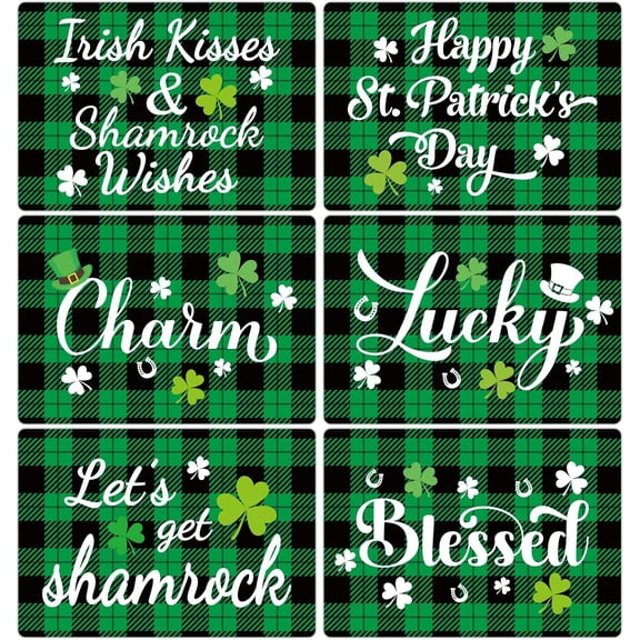 St. Patrick’s Day Placemats Set of 6 Buffalo Plaid Plastic Table Mats Lucky Shamrock Place Mats Blessed Holiday Table Decoration for Indoor Outdoor Party Kitchen Dining