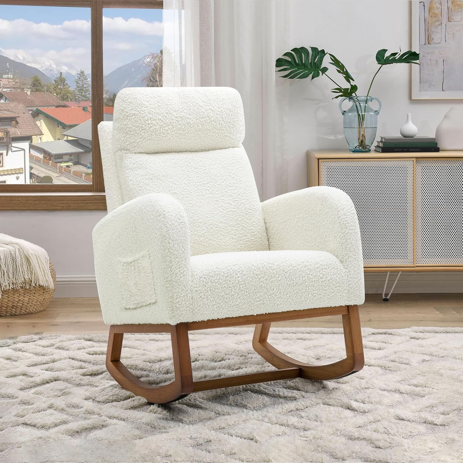 Themis Nursery Rocking Glider Chair, Modern Fabric Tall Back Accent Rocker Chair Upholstered Arm Chair w/Side Pockets, Modern Leisure Single Sofa for Living Room, Hotel, Bedroom, Office, Cream