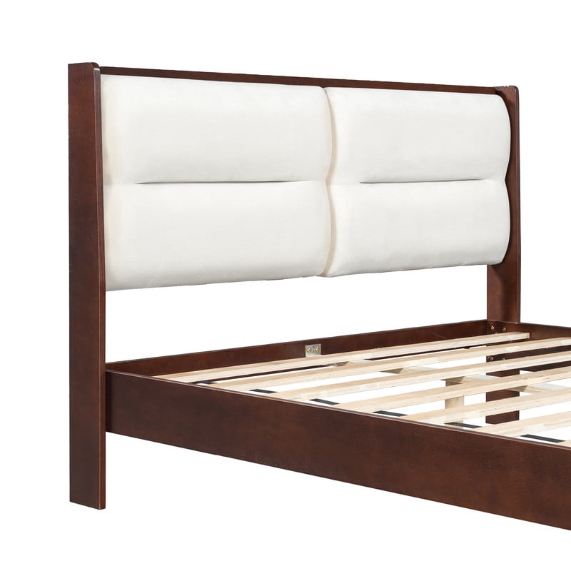 Wooden Queen Size Platform Bed with Velvet Upholstered Headboard, Low-Profile Bed Frame with Slat Support No Box Spring Needed