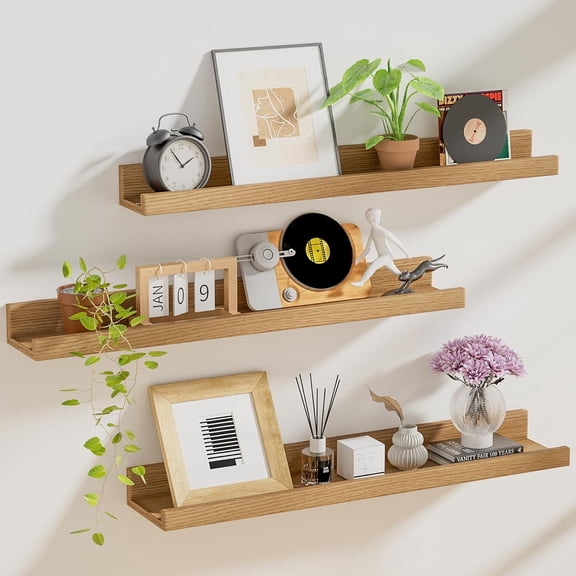 Floating Shelves Set of 3, Picture Ledge Shelf, 24 inch Floating Shelves for Wall, Floating Shelves with Lip for Living Room,Bedroom,Bookshelf,Nursery-Natural Oak