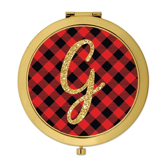 Koyal Wholesale Gold Compact Mirror Bridesmaid's Wedding Gift, Buffalo Red Plaid | Gold Glitter, Monogram Letter G, 1-Pk