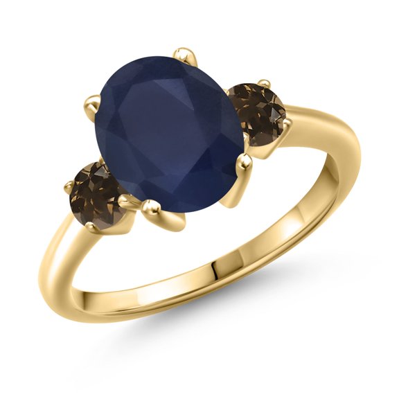 Gem Stone King 3.52 Ct Oval Blue Sapphire Brown Smoky Quartz 18K Yellow Gold Plated Silver Ring (Size 9)