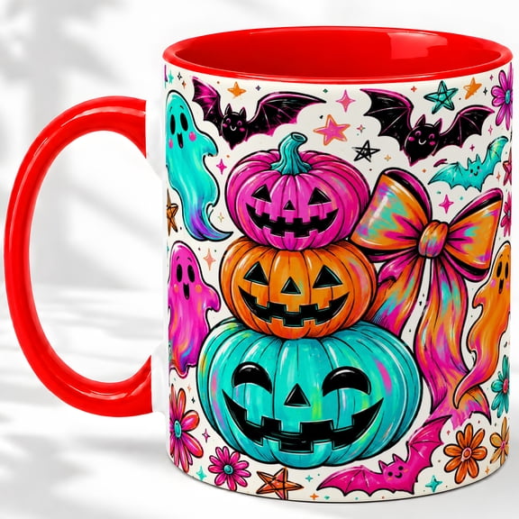Colorful Pumpkin Stack Accent Mug, 11oz Ceramic Coffee Cup for Halloween