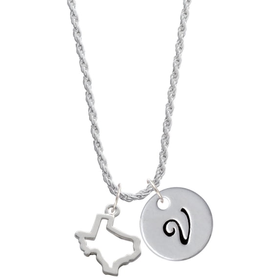 Delight Jewelry Silvertone Texas Outline Silvertone Script Initial Disc - V - Charm Necklace, 20"+3"