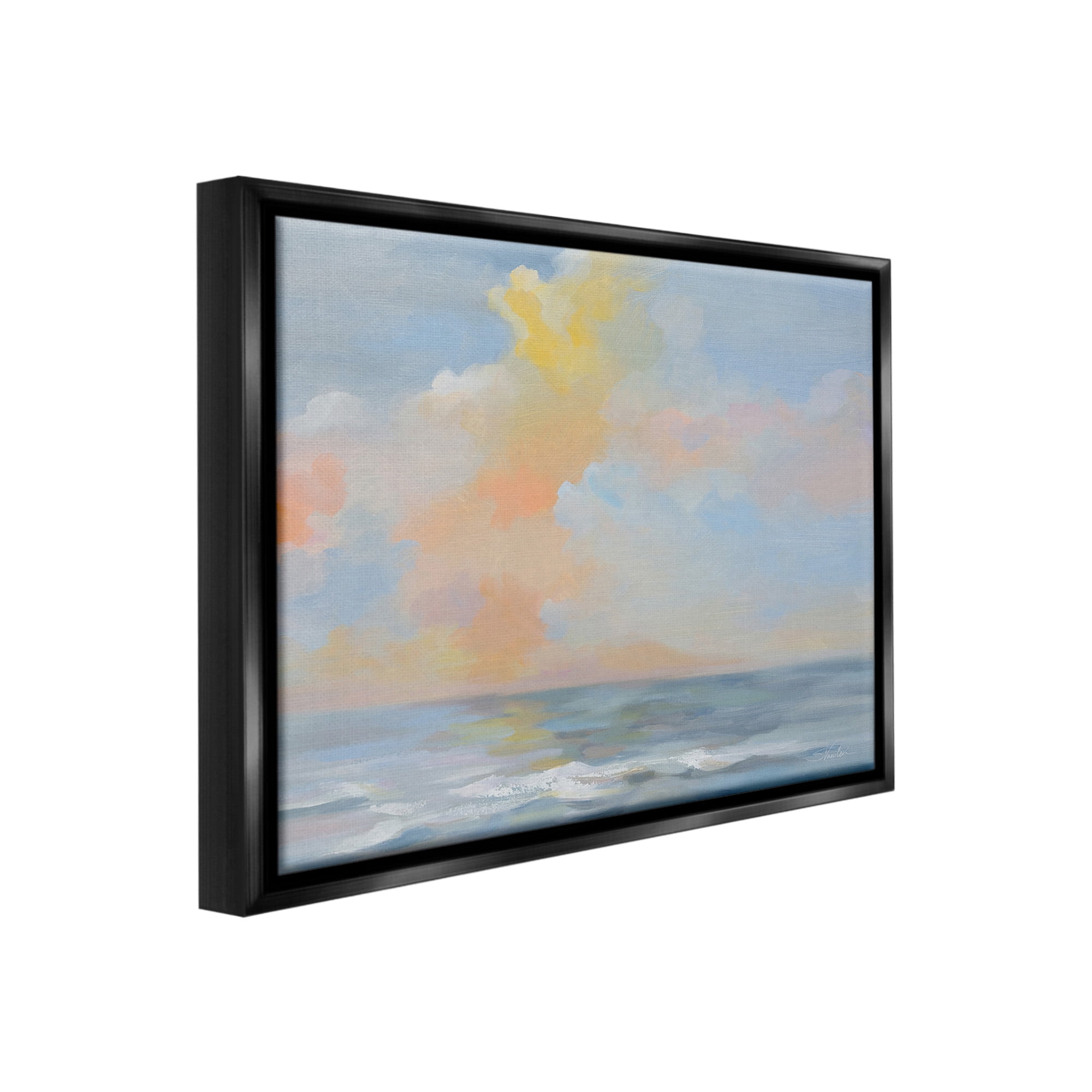 Stupell Industries Sea & Pastel Clouds Landscape Painting Black Floater Framed Canvas Art Print Wall Art, 21 x 17