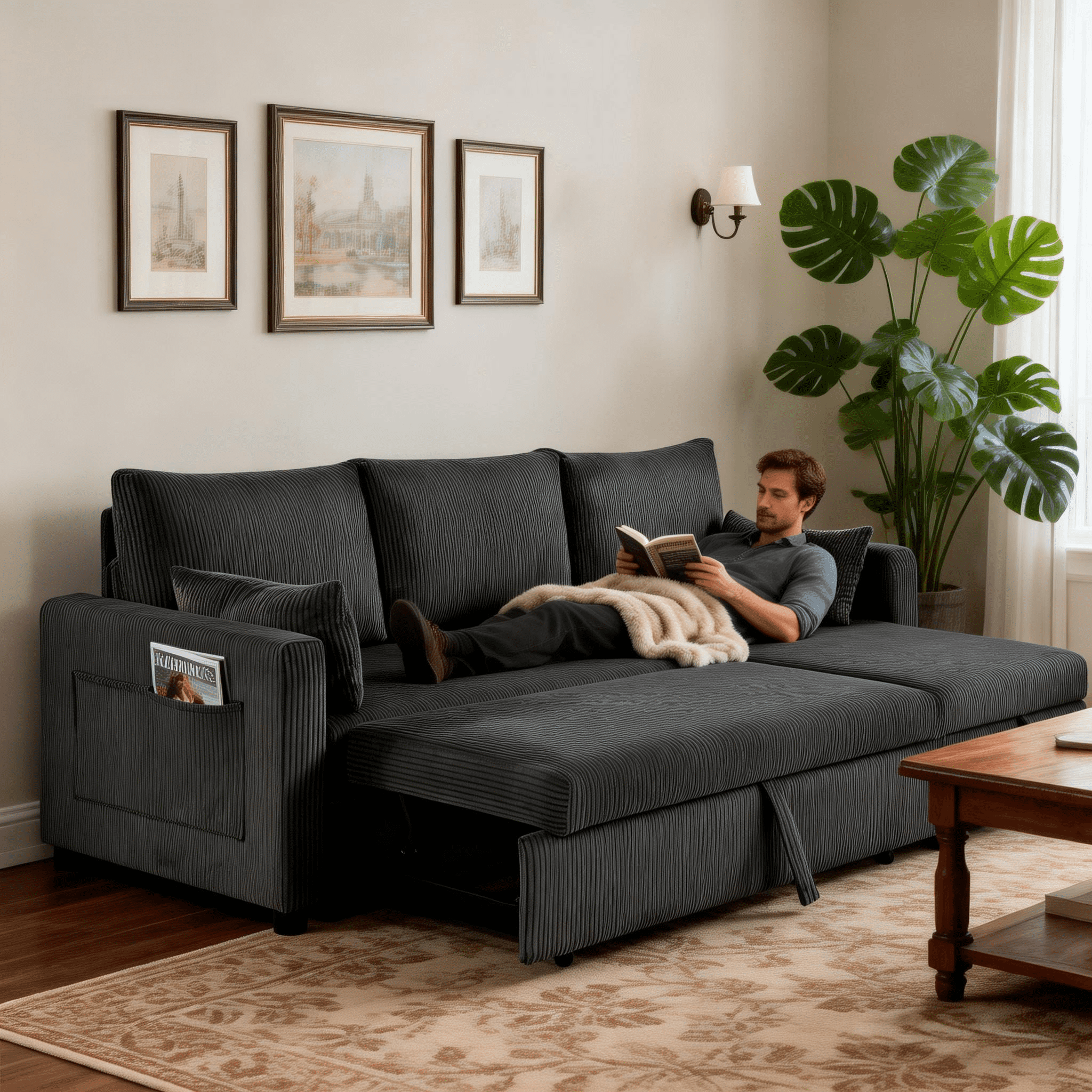 BSHTI L-Shaped Pull-Out Sleeper Sofa Bed with Storage Chaise, 3-Seater Convertible Corduroy Sectional Couch, Solid Wood & Iron Frame, Black
