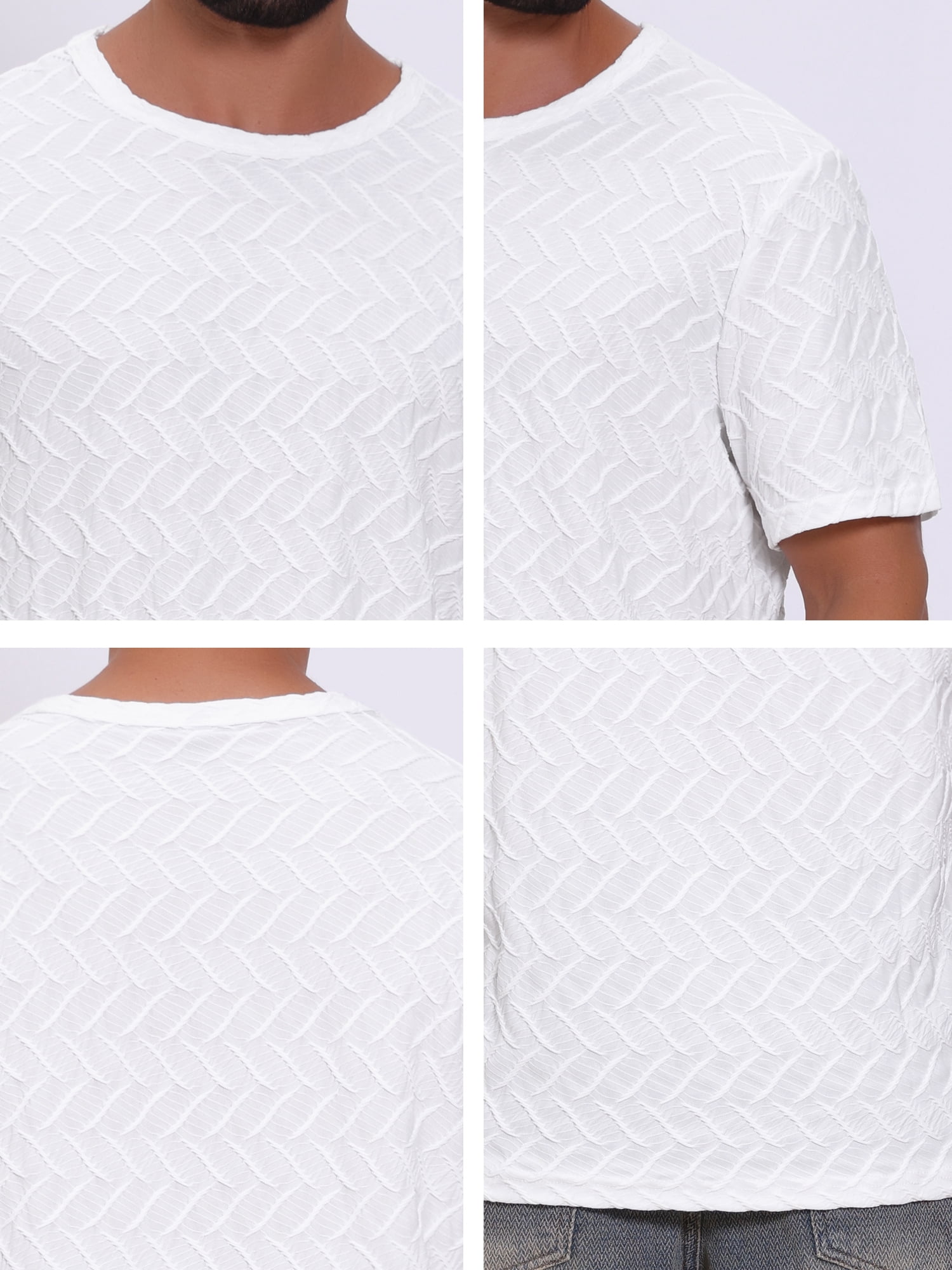 DARING DIVA Men's Knitted T-Shirts Short Sleeve Crew Neck Jacquard T-Shirt M White