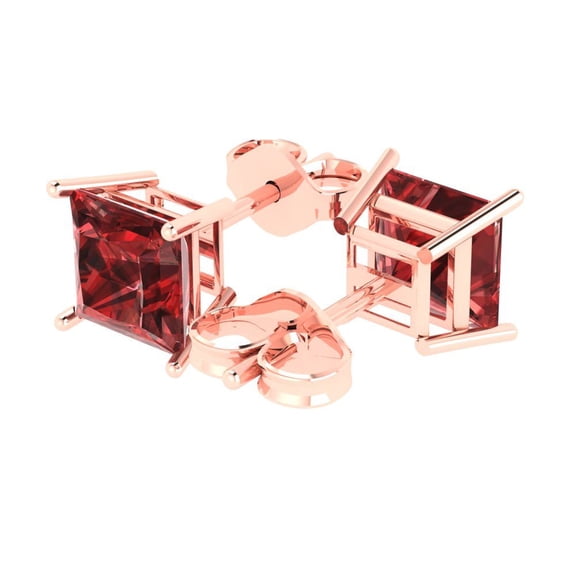 3.0 Ct Princess Cut Studs Red Natural Garnet 14K Rose Solid Solid Gold Everyday Dainty Earrings Push Back