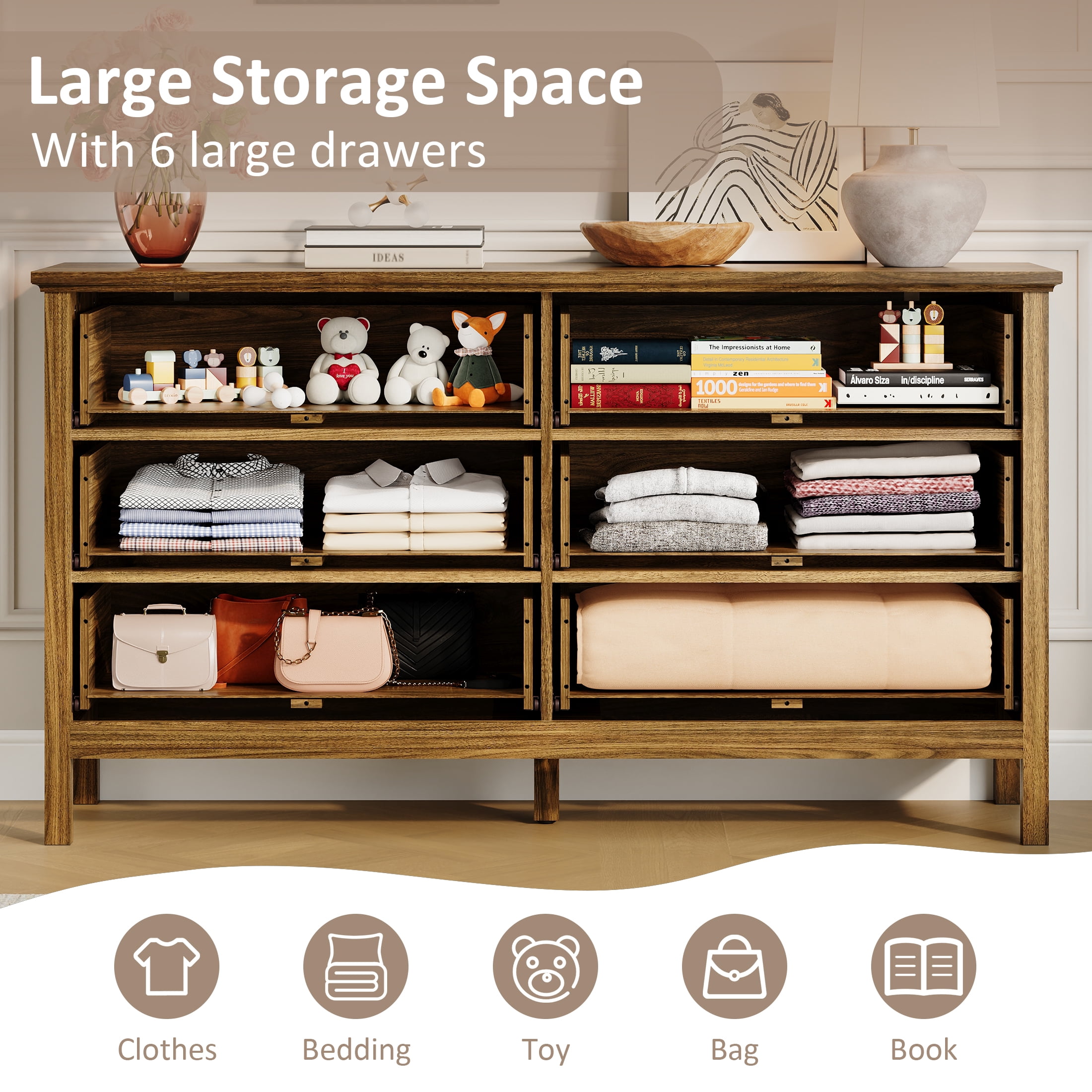 YouTrend Brown Large Dresser with 6 Drawer for Bedroom,Traditional Adult Chest of Drawers with Golden Handles for Living Room,Hallway
