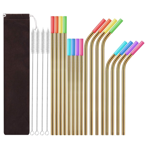 Paquete de 16 pajitas de metal de acero inoxidable reutilizables, pajitas largas aptas para lavavajillas, cepillos de limpieza incluidos