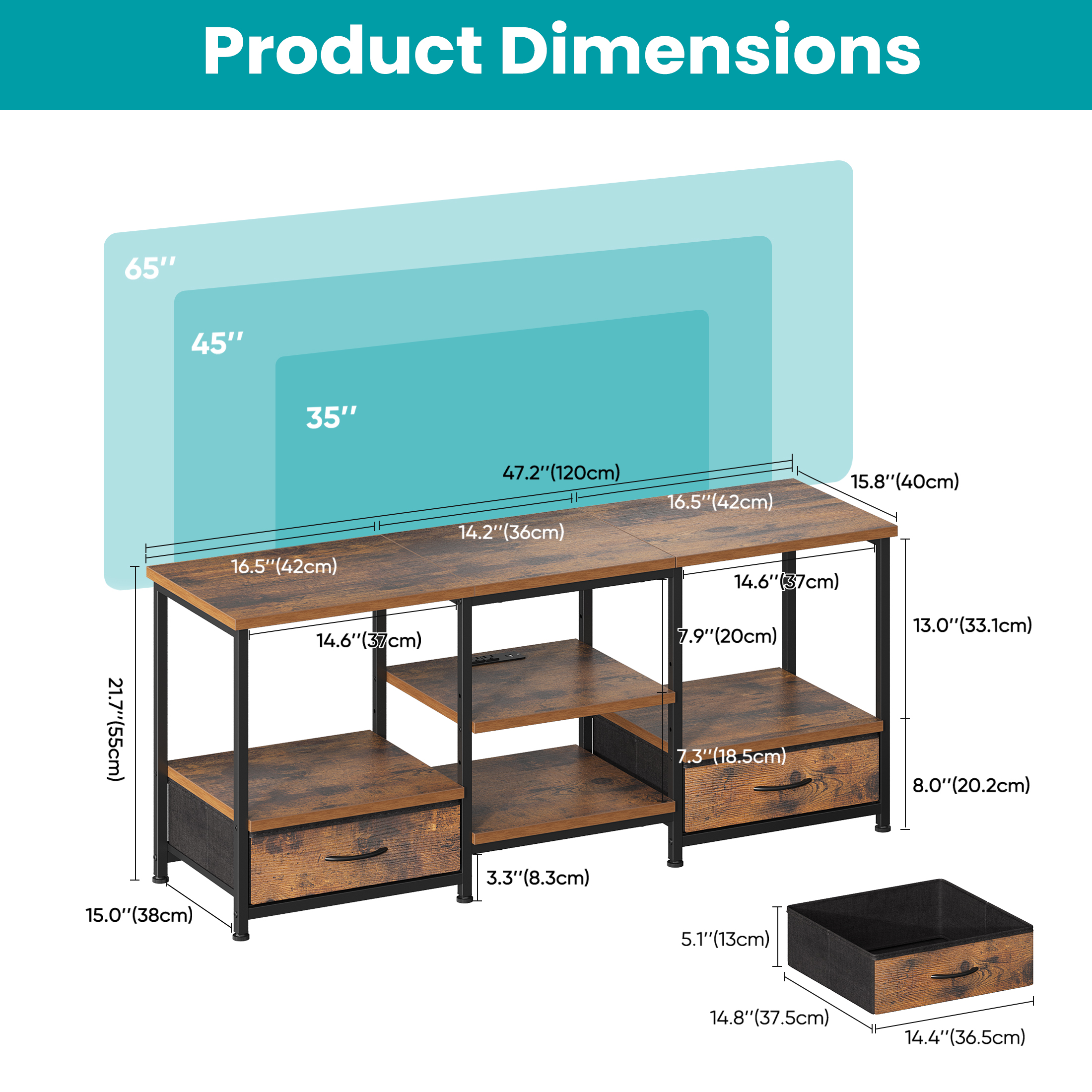 EDX 47-inch TV Stand with Power Outlets,  2 Fabric Drawers,  Entertainment Center Console Table with Adjustable Shevles, for Living Room & Bedroom, Rustic Brown