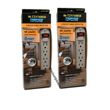 8ft Long Power Extension Power Strip Surge Protector With Flat Angle Plug 6 AC Electric Outlet / Beige Color / 2- PACK