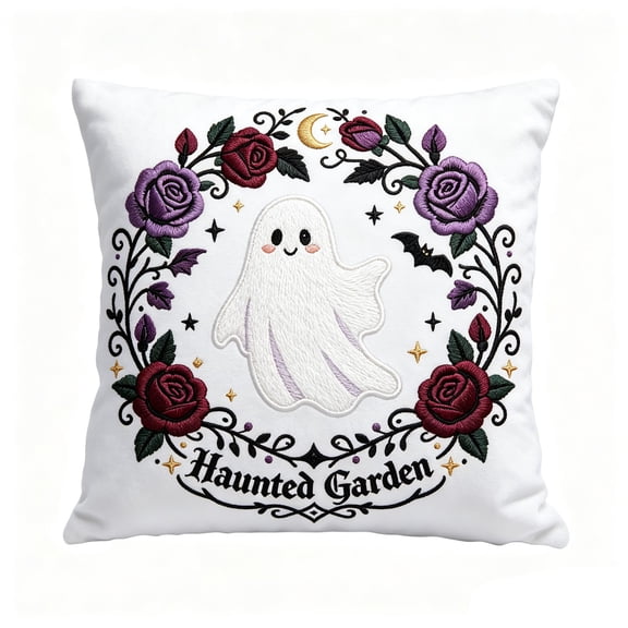 Haunted Garden Ghost Rose Embroidery, Plush Throw Pillow Cover, Soft Decorative Cushion Case for Sofa Bedroom Living Room, 16x16 Inches
