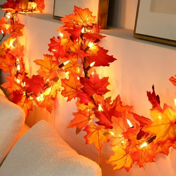 Fall Decorations Lighted Fall Garland, 9FT 50 Count Incandescent Lights Brown Wire UL Certified Connectable Maple Leaves String Lights for Home Party Fireplace Mantle Front Door Thanksgiving Decor