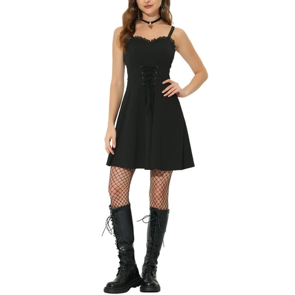 INSPIRE CHIC Women's Steampunk Goth Clothes Lace Up Adjustable Spaghetti Strap Sleeveless Cami Dress Black XS