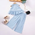 thumbnail image 5 of THDHVS Girls Summer Outfits,Kids Casual Sets,Girls Sleeveless Ruffle Top Set Summer Loose Wide Leg Pants Set Light Blue 5-6 Years, 5 of 7