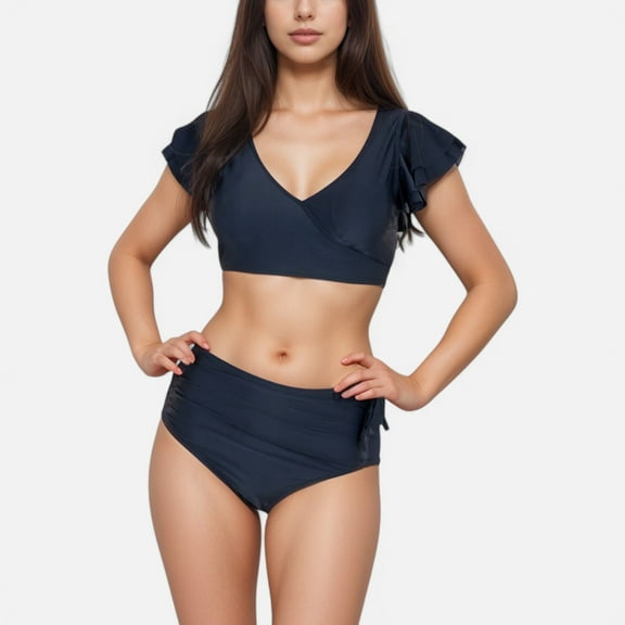 Swim Women's Two Piece Bikini Set with Flutter Sleeve Top and High Waist Ruched Bottoms - Small, Black