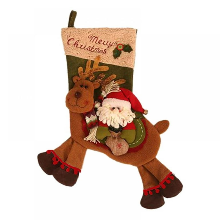 Felt Christmas Stockings w/Dancing Reindeer & Pom Poms 17.5 Lot of 2 X1445