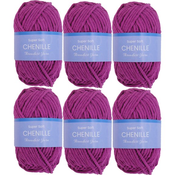 6 Pack ThreadArt Chenille Yarn for Crocheting, Knitting, Amigurumi, Super Soft Plush Velvet Yarn - 50 Gram 60 yds #5 Fluffy Yarn Skeins - Magenta