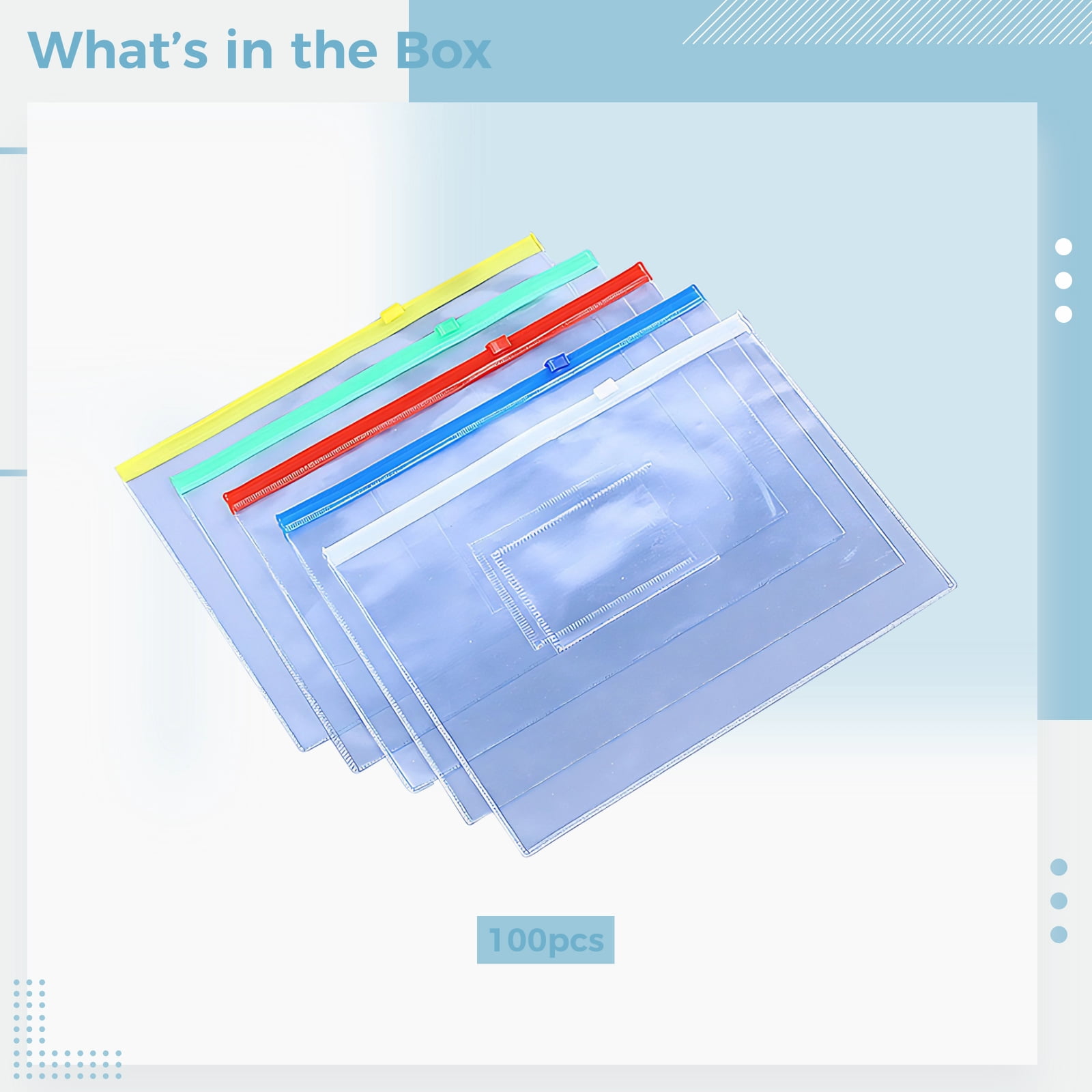 100 Pack A4 Waterproof Zipper File Bags - Thickened Transparent Document Bags | Multi-Color Heavy-Duty Office Organizer, PVC Pouches for Student Exams, School & Storage
