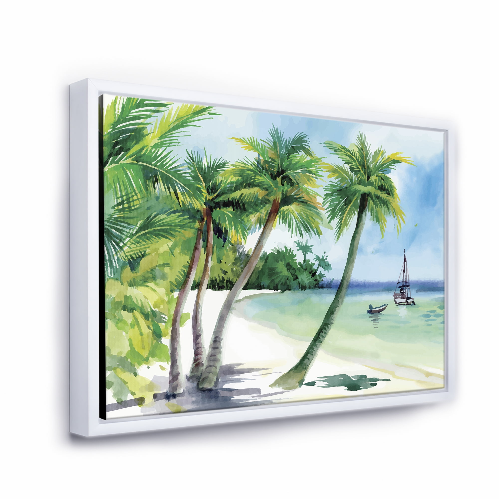 Designart 'Palm Trees With Summer Beach' Nautical & Coastal Framed Canvas Wall Art Print
