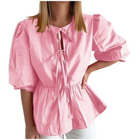 Mittory Women Bow Tie Front Shirt Top Cute Puff Sleeve Peplum Ruffle Babydoll Blouse Lace Up Summer Going Out