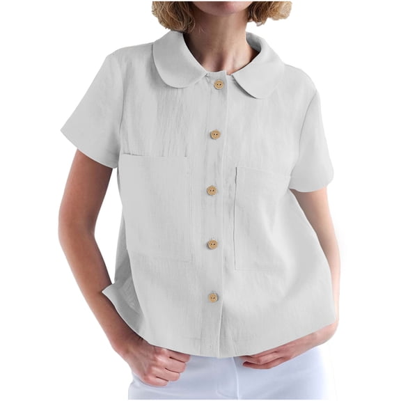 Besolor Womens Button down Shirt Summer Short Sleeve Tops Casual Loose Lightweight Breathable Doll Collar Shirt with Pockets