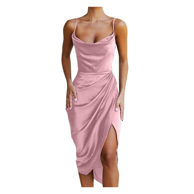 FAIWAD Robe à Bretelles Spaghetti en Satin Sans Manches Froncée Robe Cami Fendue pour Mariage Fête Cocktail