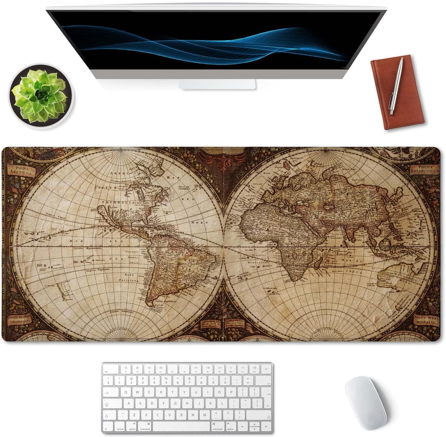 Extended Gaming Mouse Pad XXL ArtSo Large Keyboard Mat Long Mousepad Desk Decor Writing Pad Non Slip Rubber Base Stitched Edges for Work, Game, Office, Home, 35.5" x 15.7", Vintage World Map
