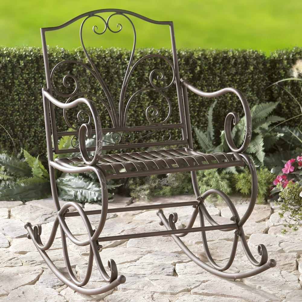 Wrought Iron Rocking Chair with a Scrolled Metal Design