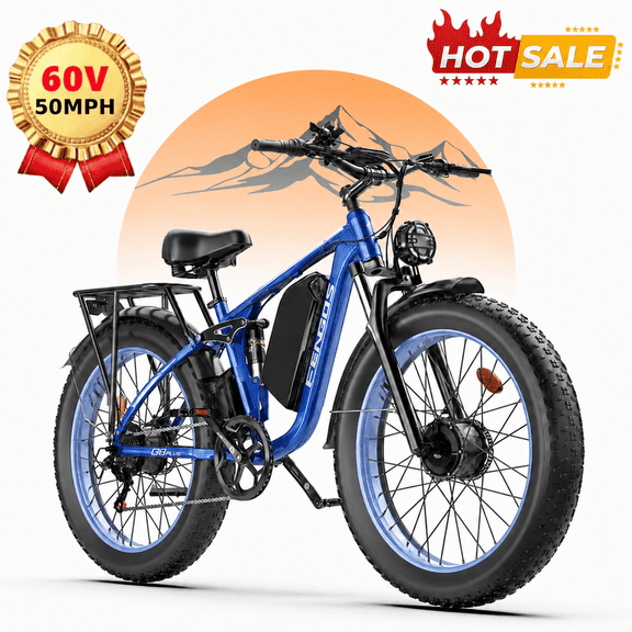FENGQS 6000W Electric Bike for Adults,100 Mile Long Range 50mph Electric Bicycle, 60V 1200WH Removable Battery, 7 Speed with Full Suspension, Dual Hydraulic Disc Brake Ebike (Blue) with Bag