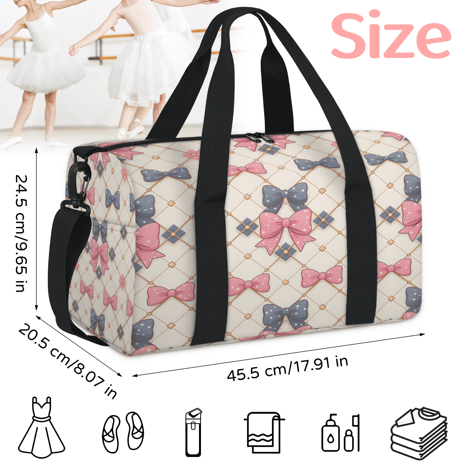 Herdesigns Boho Bow Gym Bag for Women, Duffle Bag for Travel Sport, Lightweight Waterproof Carry on Weekender Dance Yoga Workout Bags