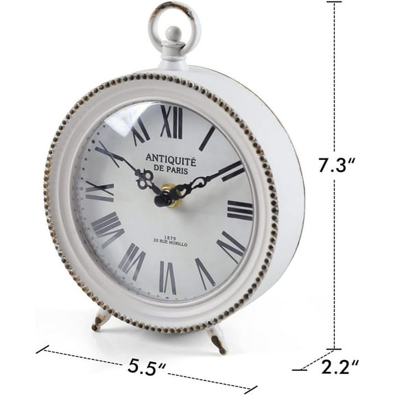 Vintage Table Clock with Handle, Battery Operated Rustic Design, Decor for Fireplace Mantel, Desktop, Countertop