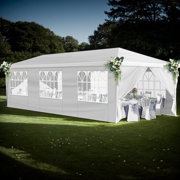 White 10x30ft Outdoor Wedding Tent with 8 Removable Sidewalls, Waterproof Gazebo
