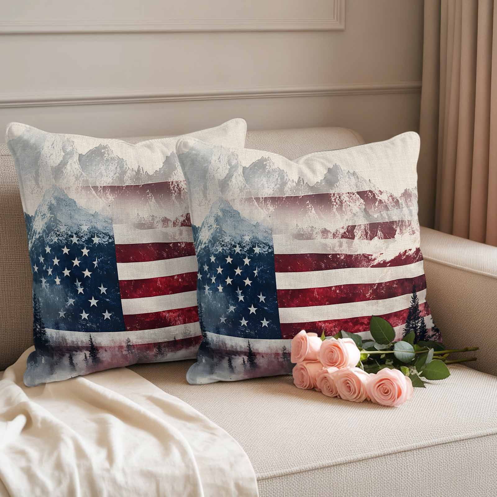 4th of July Outdoor Waterproof Pillow Covers, Forest Independence Day USA Flag Decorative Square Throw Pillowcase Sofa Cushion Sham for Patio/Couch/Chair, 18"x18" 2 Pack