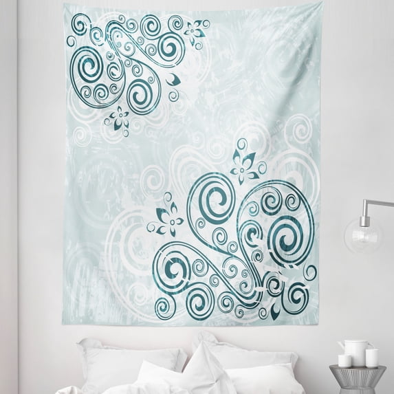 Floral Tapestry, Vintage Inspired Swirled Lines Leaves Petals Shabby Classic Image Print, Fabric Wall Hanging Decor for Bedroom Living Room Dorm, 5 Sizes, Jade Green Pale Blue, by Ambesonne